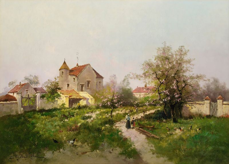 Rural Scene In The Barbizon Suburbs de Eugène Galien-Laloue, óleo sobre lienzo que representa un arroyo y un bosque.