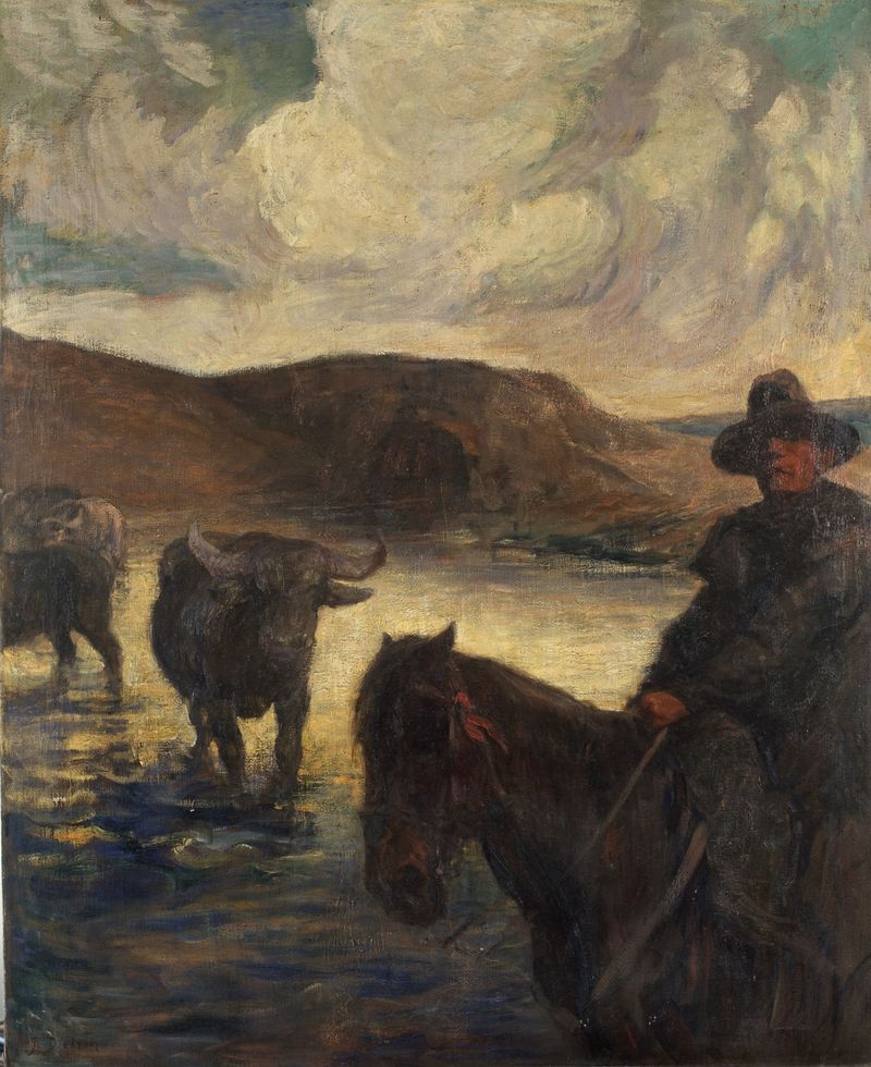 Cattle at the Ford, pintura a óleo de Jean Delvin, retratando gado atravessando um rio.