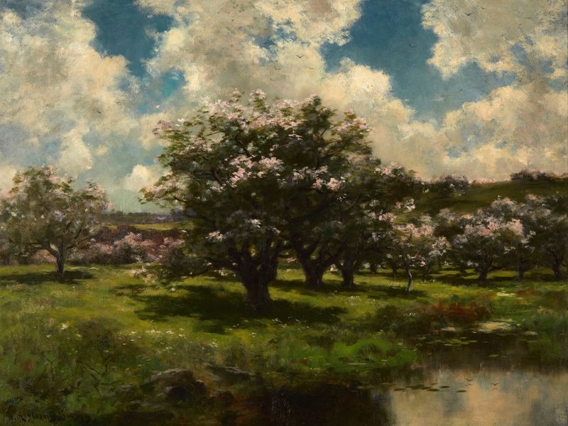 Flores de maçã perto de um lago, pintura a óleo de John Appleton Brown