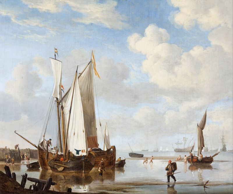 A wijdschip y un kaag en un estuario, pintura al óleo de Willem van de Velde el Joven