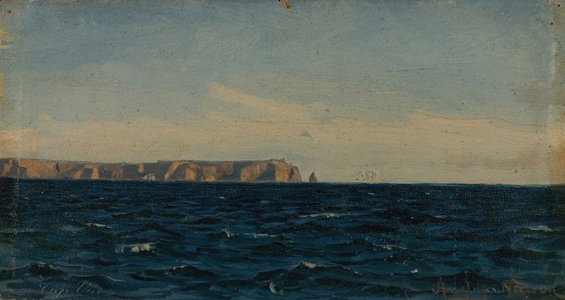 Kap San Vincente de Amaldus Nielsen, óleo sobre lienzo que representa un paisaje sereno con luz dorada.