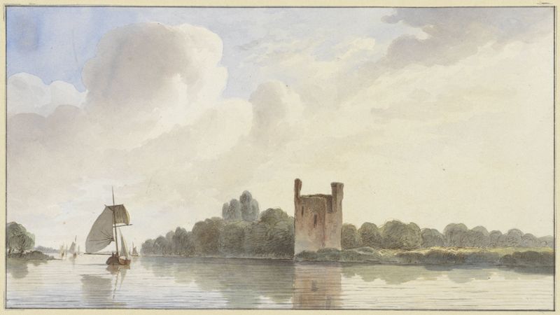 Ruins by a tranquil river in oil on canvas by Hendrik Abraham Klinkhamer