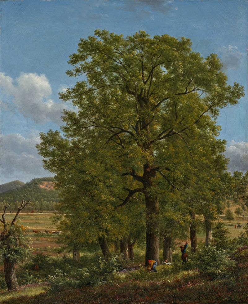 Oil painting by Jean-Joseph-Xavier Bidauld depicting women gathering chestnuts in a forest