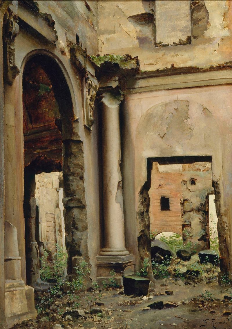 Watercolour by Georges Rouard depicting ruins and columns with soft light.