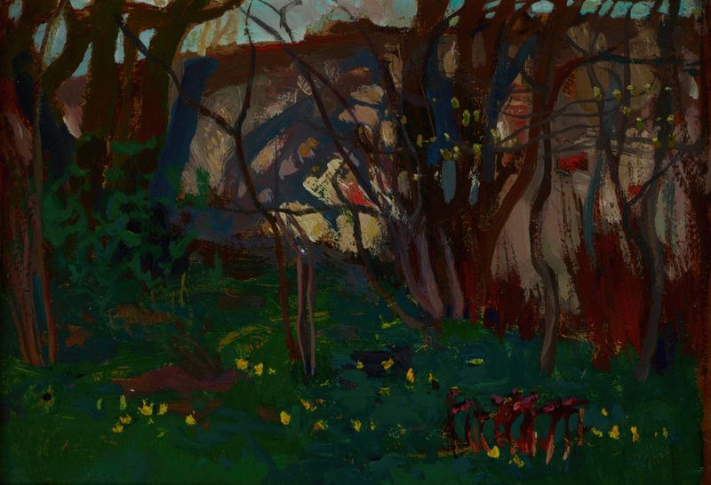 Jardim Botânico de Jan Stanisławski, óleo sobre tela que retrata um jardim vibrante com flores e botânicos.