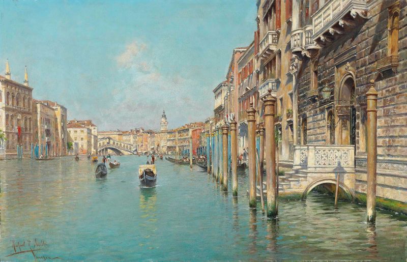 Oil painting by Rafael Senet y Perez depicting the Grand Canal and Rialto Bridge in Venice.