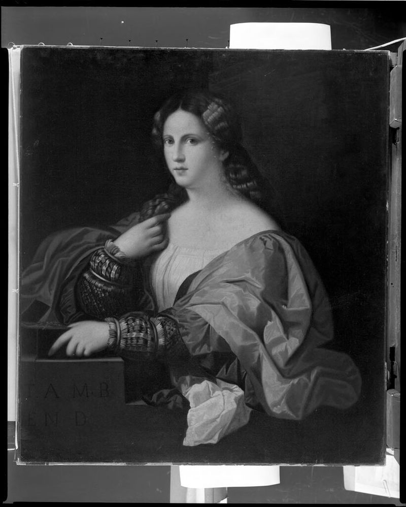 Retrato de uma mulher em uma túnica elegante, óleo sobre tela de Jacopo Palma