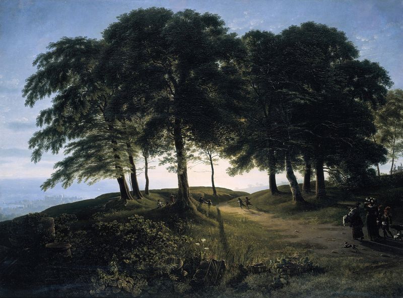 Landscape at dawn with soft blue sky and golden light, oil on canvas by Karl Friedrich Schinkel