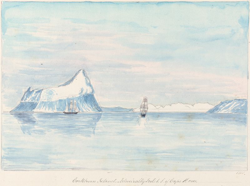 Cockburn Island, Admiralty Inlet de Charles Hamilton Smith, aquarela sobre papel mostrando ondas e penhascos