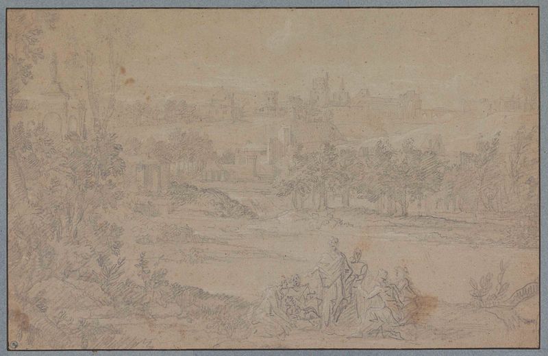 Paisaje con figuras bajo árboles, papel de Unknown Artist
