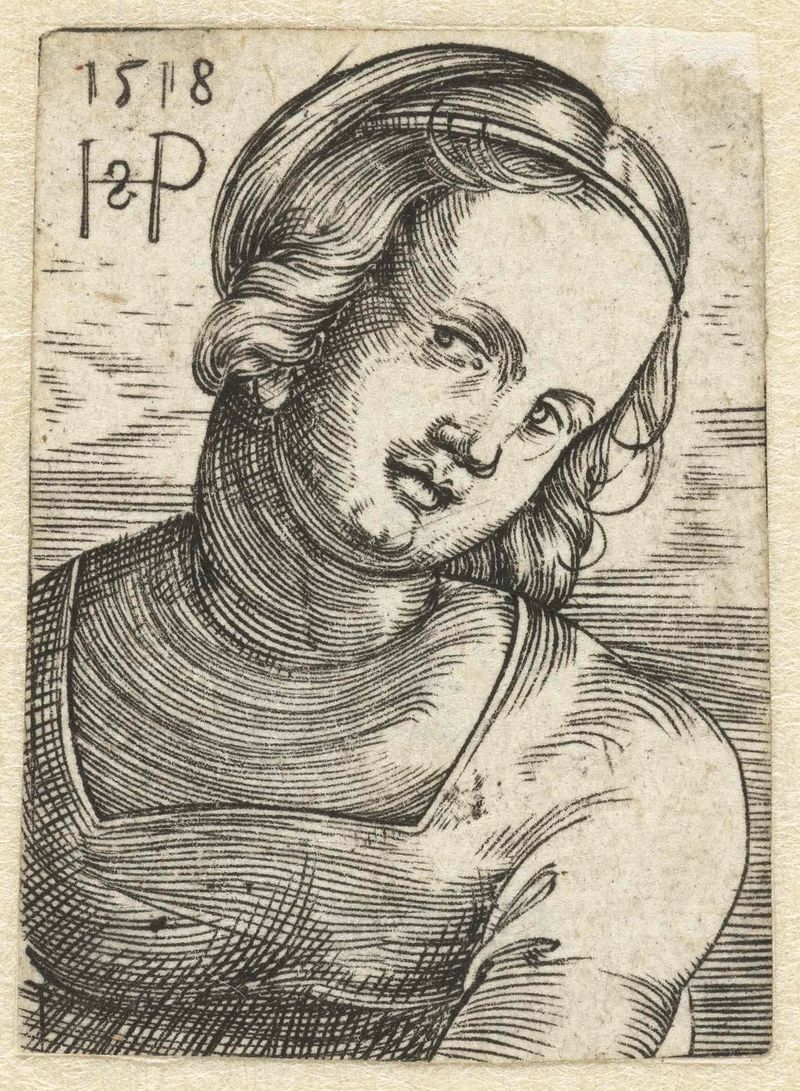 Grabado de Hans Sebald Beham de una joven con rizos y expresión serena