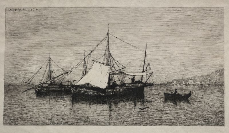 Boats of Cabotage by Adolphe Appian, oil painting depicting boats on water with sunlight.