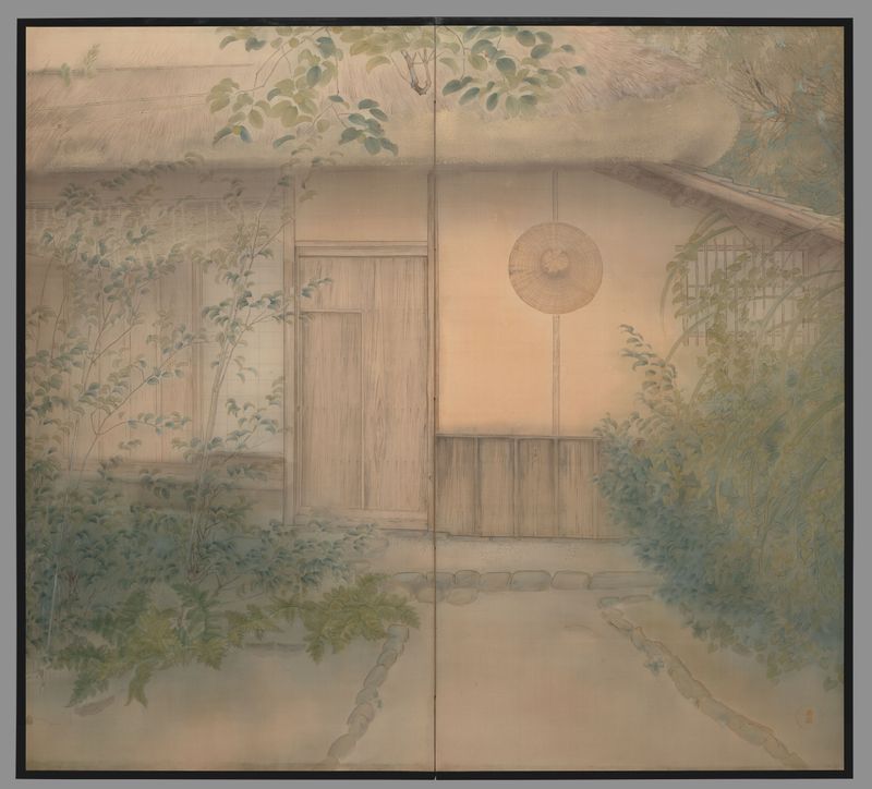 Scholar’s Studio: Rakushisha no aki by Hatta Kōyō, gold medium, depicting a scholar among autumn leaves.