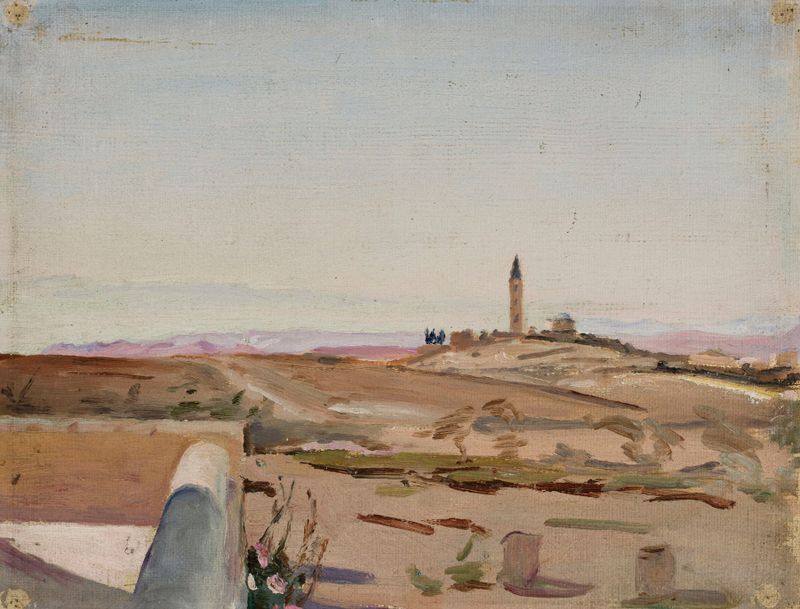 Paisagem com uma porta de adobe e luz contrastante, óleo de Jan Ciągliński, 1901