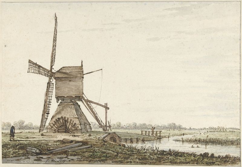 Landschap met poldermolen by Jacob van Strij, oil painting depicting a windmill and lush fields.