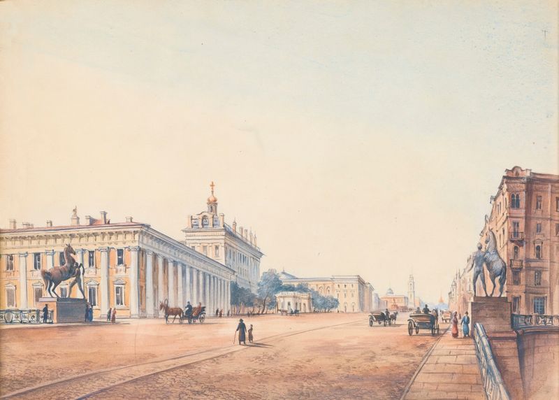 View Of St. Petersburg, oil on canvas by Russian School, depicting reflections on the Neva River.