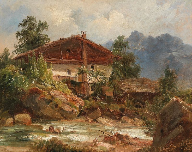 Landschaft in Tirol de Ludwig Halauska, óleo sobre lienzo que muestra montañas y un valle.