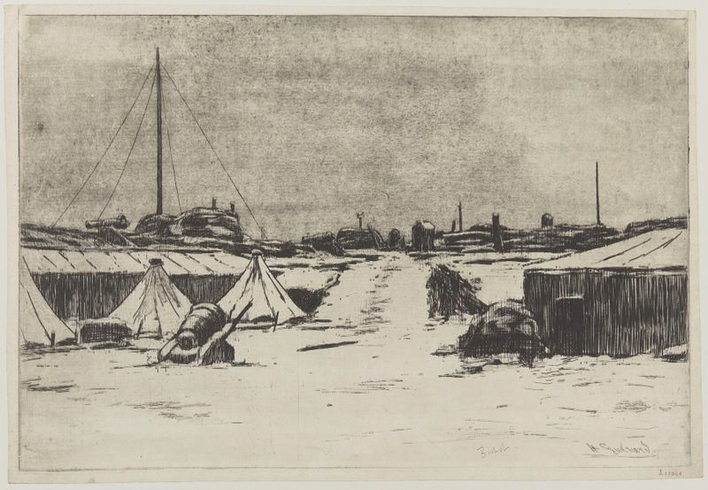 Etching by Henri-Charles Guérard depicting a bastion covered in snow