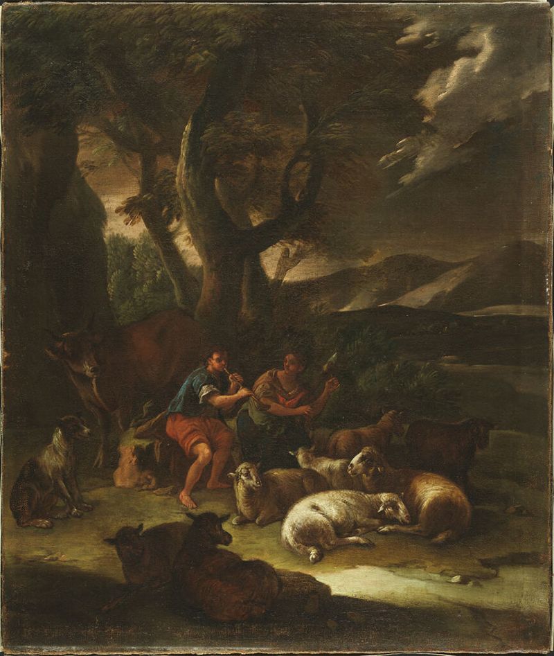 Escena pastoral con pastores y ovejas, óleo sobre lienzo de un artista no identificado.