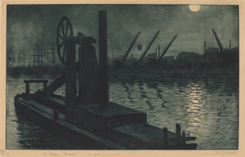 Marine scene featuring a dredger in Dieppe Harbor by moonlight, Henri-Charles Guérard, oil painting