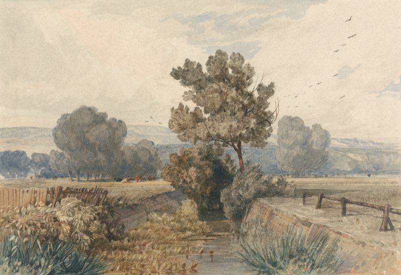 Scene at Elmham, Norfolk by Miles Edmund Cotman, watercolor on paper depicting a serene landscape.