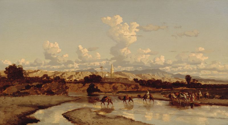 Romanticism landscape with a caravan crossing a river by Prosper Marilhat