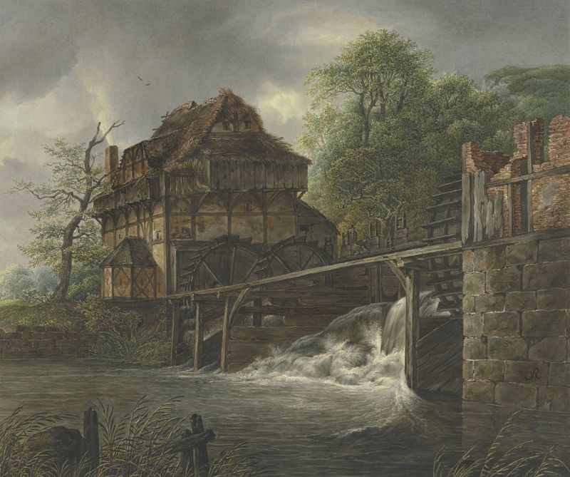 Water mill by Johann Friedrich Morgenstern, oil on canvas depicting a serene landscape with a river.