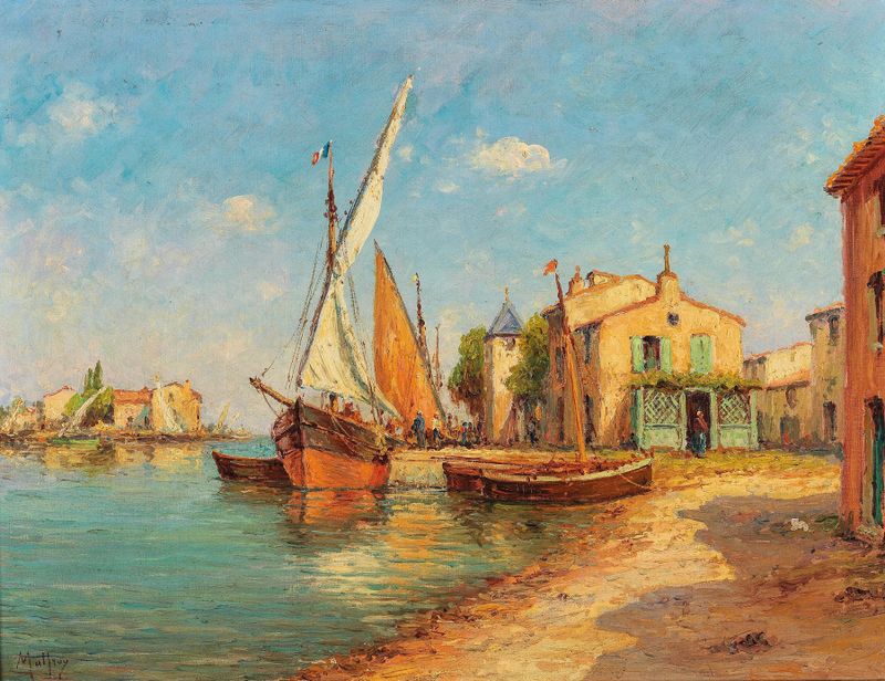 Pintura a óleo de Charles Malfroy retratando uma paisagem tranquila com reflexos na água e luz do amanhecer.