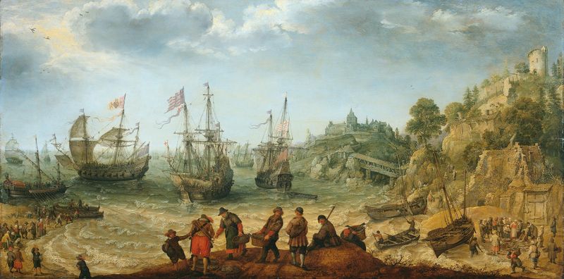 Ships off a Rocky Coast by Adam Willaerts, oil painting depicting tumultuous waves and sailing ships