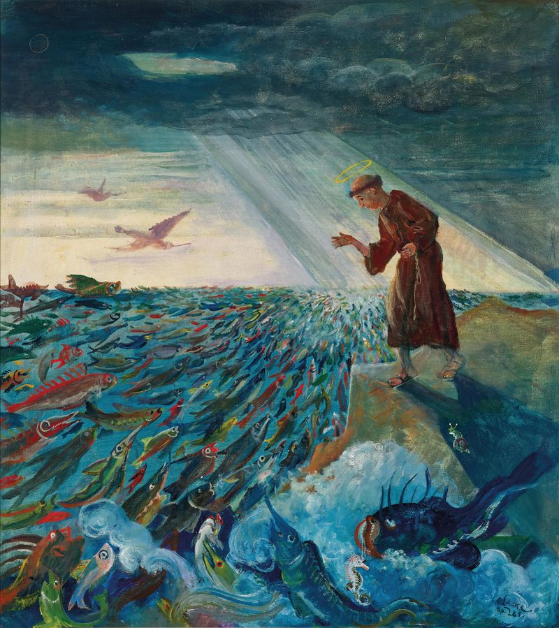 Fischpredigt de Oskar Laske, óleo sobre lienzo que representa una figura en silencio y transformación.