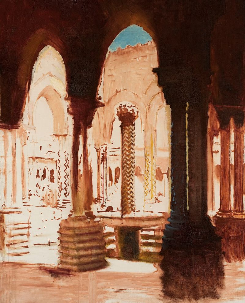 Monastery courtyard in Monreale-Palermo, oil on canvas by Kazimierz Stabrowski, featuring arches and sunlight.