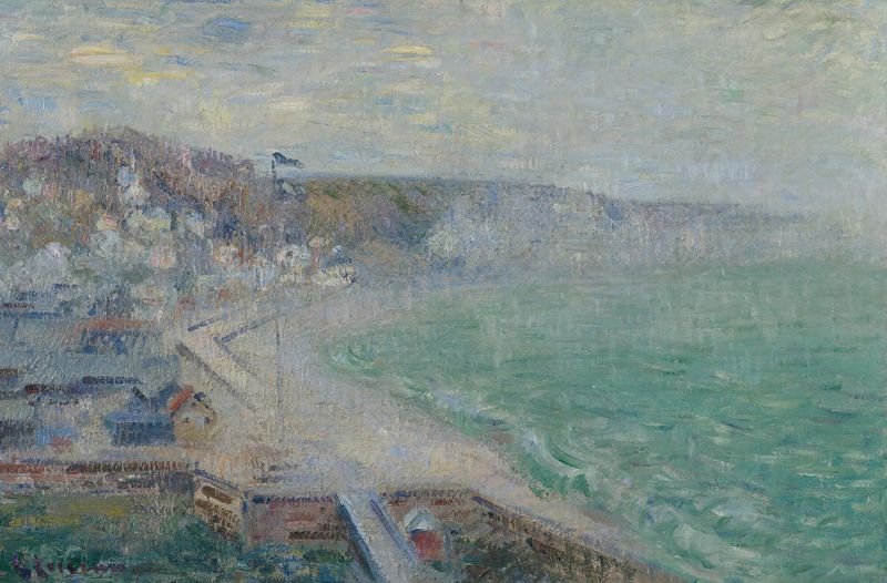 La Plage De Fécamp de Gustave Loiseau, óleo sobre lienzo que representa una playa iluminada por el sol con suaves olas.