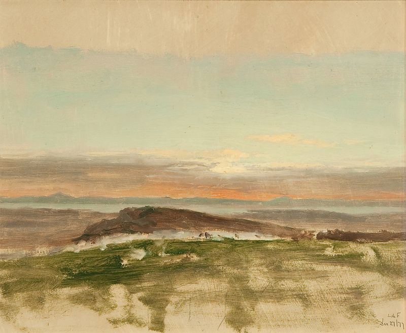 Landscape by Lockwood de Forest, oil on canvas depicting vibrant nature with green and gold hues.