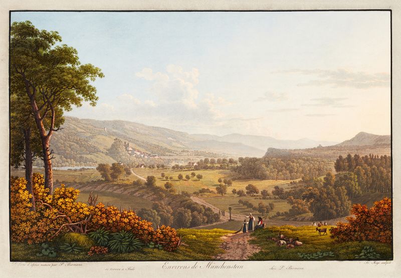 Paisagem de Peter Birmann, pintura a óleo que retrata montanhas e prados.
