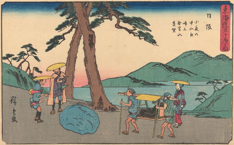 Grabado en madera de Utagawa Hiroshige que muestra a un viajero solitario junto a un río
