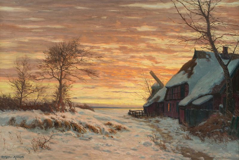 Winter landscape with farmhouse and mill by Paul Müller-Kaempff, oil painting