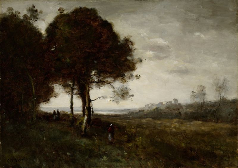 A Torrent at Romagnes de Jean-Baptiste-Camille Corot, pintura a óleo que retrata uma cascata e uma paisagem rochosa.