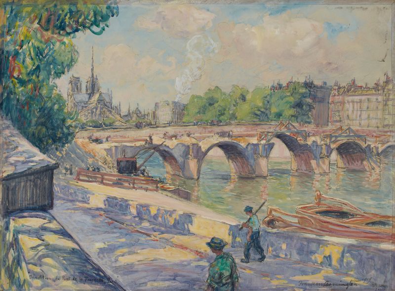 Démolition du pont de la Tournelle by Frank Milton Armington, oil painting depicting a disassembled bridge