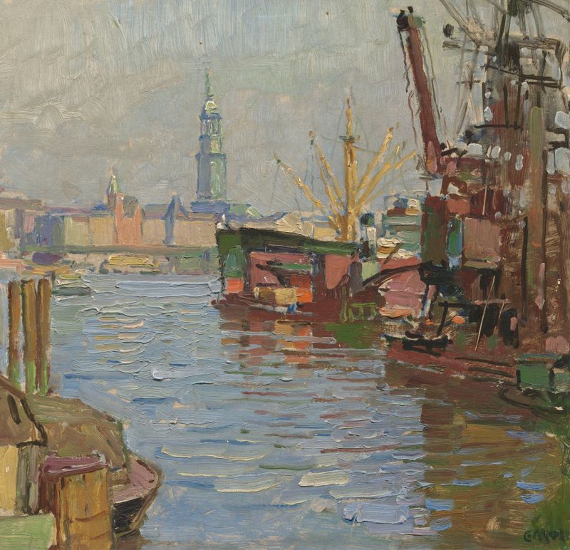 Der Hamburger Hafen de Carl Moll, óleo sobre tela que retrata um porto com reflexos brilhantes na água.