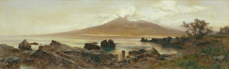 Paisagem do Vesúvio sobre uma baía, pintura a óleo de Eduard Peithner von Lichtenfels