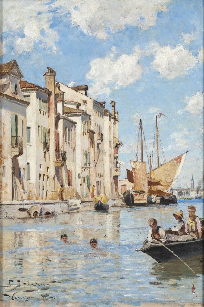 Crianças se banhando na luz dourada, óleo sobre tela de Carl Skånberg