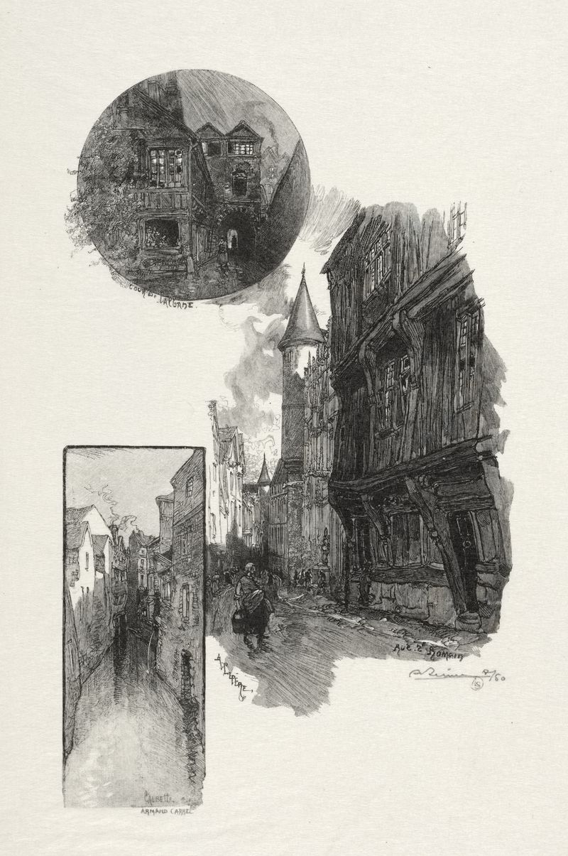 Grabado de Auguste Louis Lepère que representa una calle tranquila con luz y sombras.