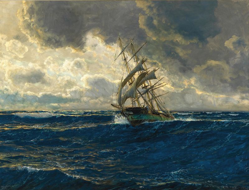 A three-masted ship sailing on the ocean, oil painting by Michael Zeno Diemer
