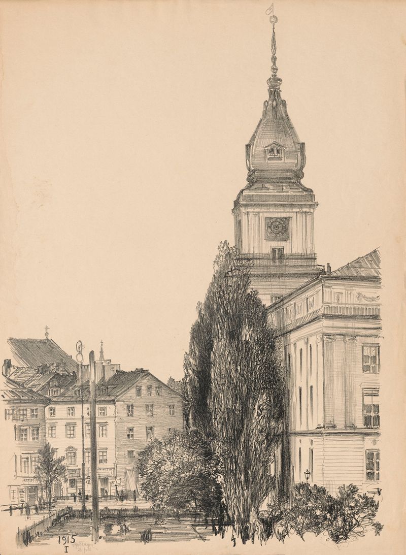 Castle tower de Feliks Jabłczyński, 1916, retratando uma torre contra um céu tempestuoso