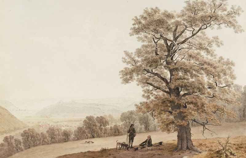 Vista de paisaje de un valle con colinas de Johann Jakob Biedermann, pintura al óleo.