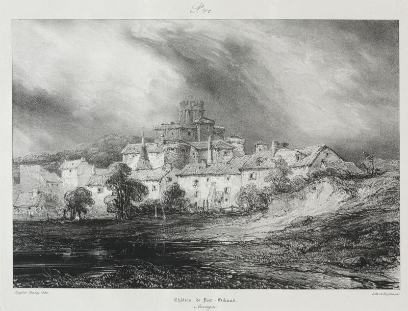 Château de Pont-Gibaud de Eugène Isabey, óleo sobre lienzo que muestra un château rodeado de colinas y naturaleza.
