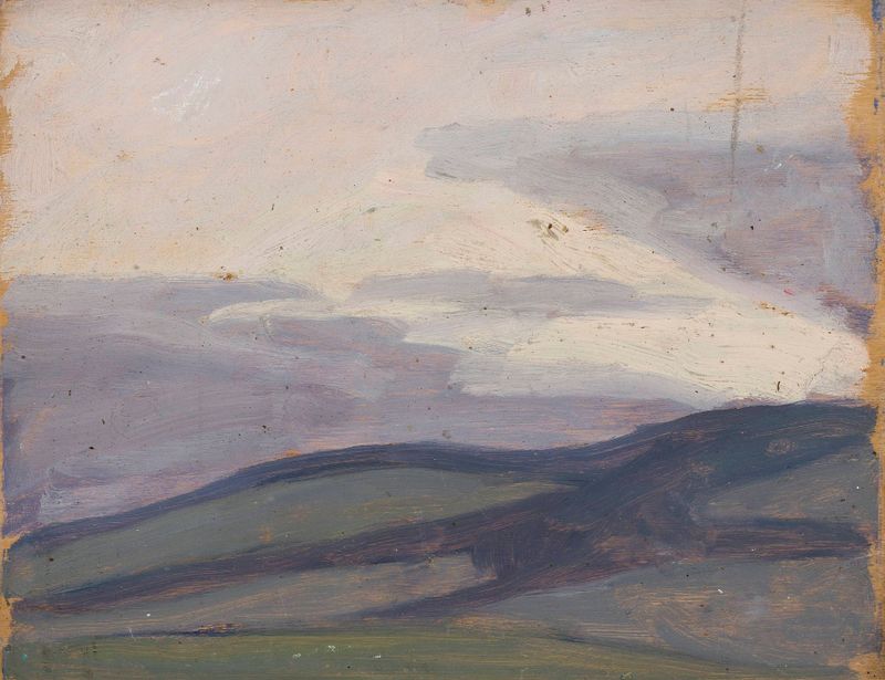 Submontane landscape by Jan Rembowski, oil on canvas showing a tranquil landscape with wildflowers.