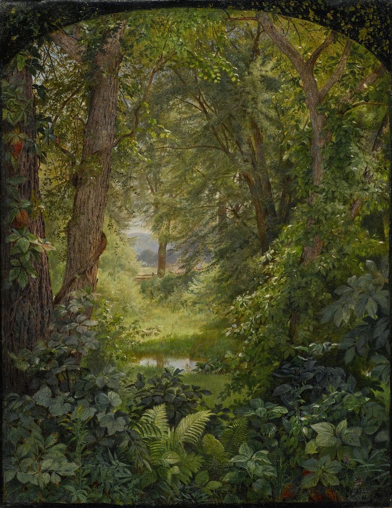 Woodland Landscape de William Trost Richards, óleo de un sereno claro en el bosque.