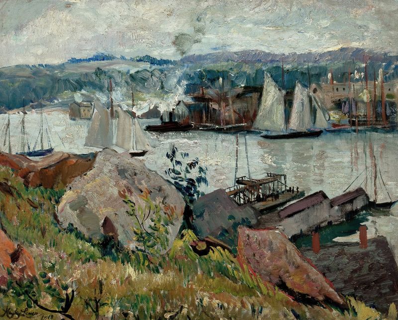 Cena marinha de Gloucester Harbor, Massachusetts de Hayley R. Lever, pintura a óleo