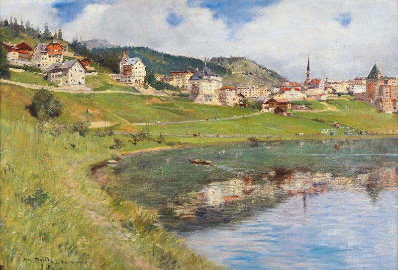 Vista del Lago St. Moritz de Alberto Rossi, impresionismo, muestra un lago tranquilo con reflejos.